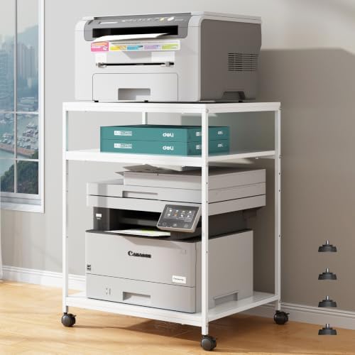 White Printer Stand, 20” Large Printer Table for Home Office, 3 Tier Rolling Printer Cart with Storage, for Shredder Scanner Fax by Vokumba