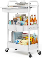 KINGRACK 3 Tier Metal Rolling Cart with Drawer, White Utility Storage Cart by KINGRACK