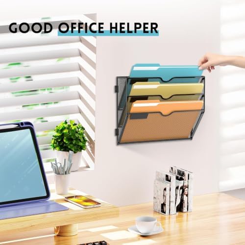 SUPEASY 3 Tier Wall File Organizer, Hanging Wall Mounted Mail Organizer with Label Slots, Metal Mesh File Holder Magazine Rack for Office, Home, School or Classroom, Black, 2Pack - Image 6