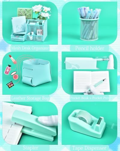 23Pcs Green Desk Accessories and Organizer Set with Mesh Organizer, Stapler, Tape Dispenser, Calculator, Green Office Supplies for Women, Beautifully Presented in a Gift Box - Image 4