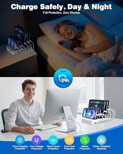 MSTJRY Charging Station for Multiple Devices : 6 Port USB Charger Stations - Family Multi-Device Organizer Charging Dock - Designed for iPhone iPad Android Cell Phone Tablet and Electronic, White - Image 4