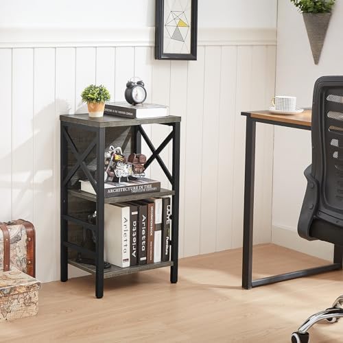 MNEETRUNG Small Bookcase,3 Tier Industrial Bookshelf with Metal Frame and Backboard,Low Grey Book Shelf,Book case for Small Spaces,Living Room,Bedroom and Home Office - Image 4