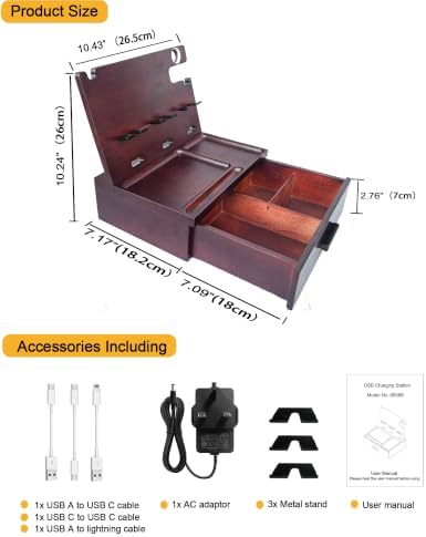Nightstand Organizer with Drawer Built in 4 USB Quick Charger, Wood Phone Docking Station with Dual Phone Charging Station for Apple Android Phones Anniversary Birthday Gifts for Men Dad Hunsband Mom - Image 5