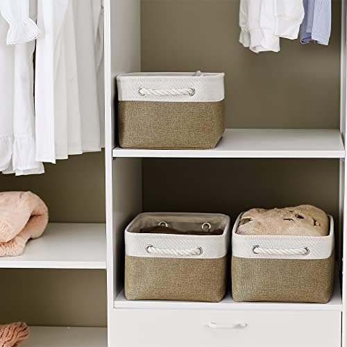 TheWarmHome Storage Basket for Organizing - 14x10x7 inch Medium 3 Pack Collapsible Storage Bin for Shelves with Handles, Canves Storage Box for Organizer Cubes Cloth Gift Toy Closet (White & Khaki) - Image 3