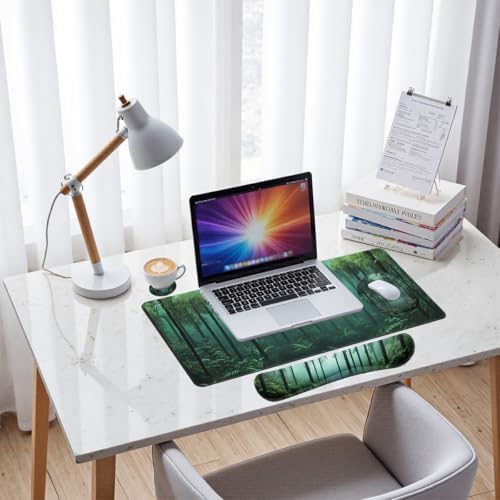 Mystic Forest Desk Mat Set Green Fog Woodland Mouse Pad with Wrist Rest 4in1 Desk Mat for Desktop Ergonomic Computer Desk Arm Wrist Anti-Slip Computer Ergonomic Mouse Pad Home Office Gaming - Image 7
