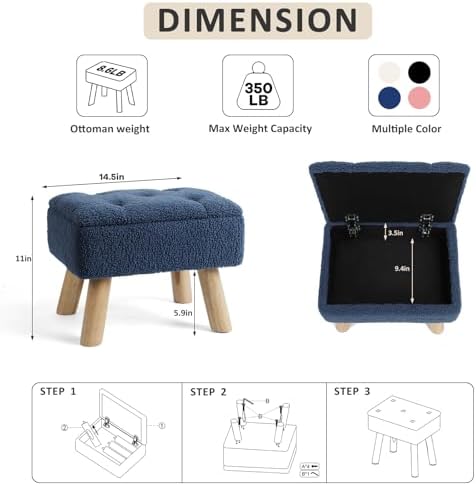 OGEMXU Storage Ottoman, Small Foot Stool Ottoman with Storage, Boucle Teddy Velvet Foot Rest with Padded Seat, Sturdy Wood Legs Stool for Living Room, Bedroom, Couch, Enterway (Dark Blue) - Image 3