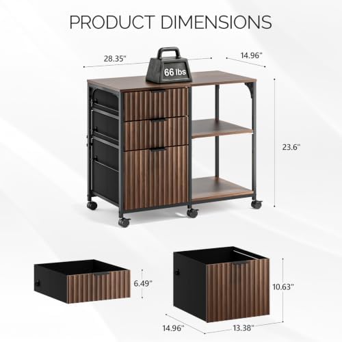 VINGLI 3 Drawer Mobile File Cabinet Printer Stand, Fluted Filing Cabinet with Open Storage Shelves Adjustable, Rolling Lateral Fabric Filing Cabinet for Home Office, Fits Letter Size, Walnut - Image 3