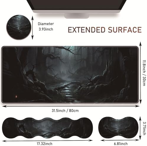 Large Gaming Table Pad 31.5 "x 11.8" + Keyboard Wrist Pad + Mouse Wrist Pad + Coaster Non-Slip Base 4-in-1 Set, Ergonomic Memory Foam, Easy Typing Pain Relief, Strange Mysterious Dark Forest - Image 6