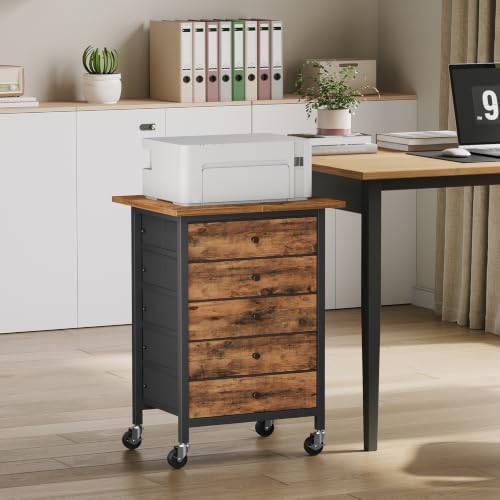 MAHANCRIS 5 Drawer File Cabinet,Rolling Filing Chest Cabinet with Wheels, Under Desk Storage Organizer, Printer Stand with Non-Woven Fabric Drawer, for Home Office, Study, Rustic Brown FCHR4801 - Image 4