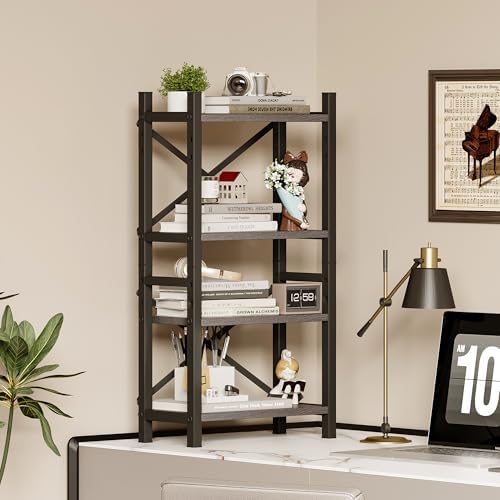 2-Pack Desktop Bookshelf, 4-Tier Stackable Narrow Bookcase, Adjustable Industrial Desk Organizer & Hutch - Rustic Brown Wood Desktop Book Organizer for Living Room, Bedroom & Home Office - Image 2