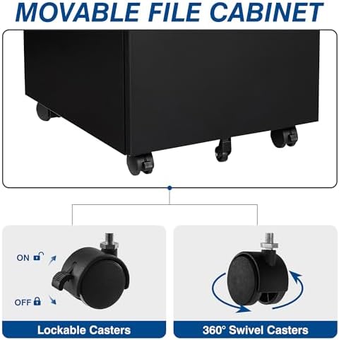 Fesbos 3 Drawer Vertical File Cabinet, Black Mobile Filling Cabinet with Lock for Legal/Letter Size, Pre-Built Office Storage File Cabinet with Wheels Under Desk - Fully Assembled - Image 6