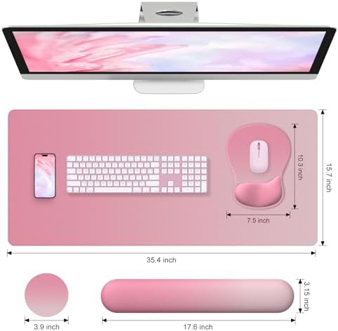 4-in-1 Large Gaming Mouse Pad, Keyboard Wrist Rest Pad & Wrist Support Mousepad Set, Extended Desk Pad Waterproof Desk Mat for Home Office Decor Study Game 35.4×15.7 Inches I Gradient Pink Blush - Image 4