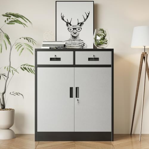 BESFUR Metal Storage Cabinet with Doors and Shelves, 36" H Locking Storage Cabinet with 2 Drawers, Reinforced Heavy Duty Metal Cabinets for Garage, Office, Home(Black and Silver) - Image 2