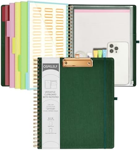 Ospelelf Foldable Spiral Clipboard Folio with Storage Zipper Pouch, 5 Plastic Folders with 10 Pockets,Refillable Lined Notepad (11" x 8.5"), Hardcover Project Organizer with 39 Stickers (Dark Green) by OspelelfOfficeSupplies
