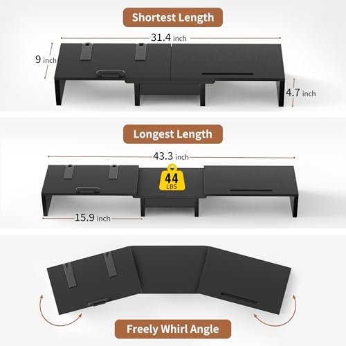AFOOYO 43.3 Inch Dual Monitor Stand with Laptop Tray & Drawer, 5 Height & 4 Angle Adjustable Ergonomic Computer Riser, MDF Desk Shelf for MacBook Dell HP Lenovo 10-17.3" Laptops, Black - Image 6