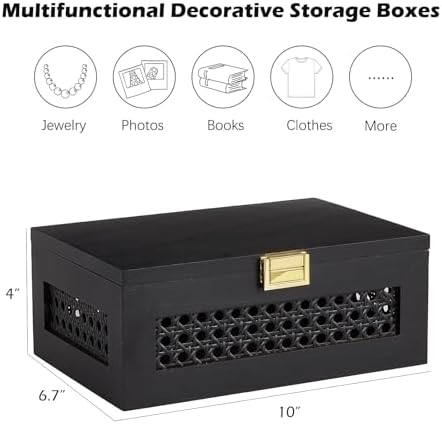 Decorative Rattan Storage Boxes Baskets with Lid Wooden Frame - Image 3
