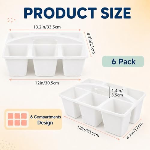 gisgfim 6 Pack Plastic Classroom Caddy with 6-Compartments Plastic Storage Caddies with Handle 6 Compartments Table Caddy Organizer Versatile Table Caddies for Classroom Office Storage, White - Image 2