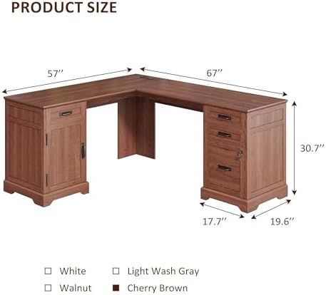Whalefall 67'' Farmhouse L-Shaped Desk with Drawers for Home Office, Brown - Image 2