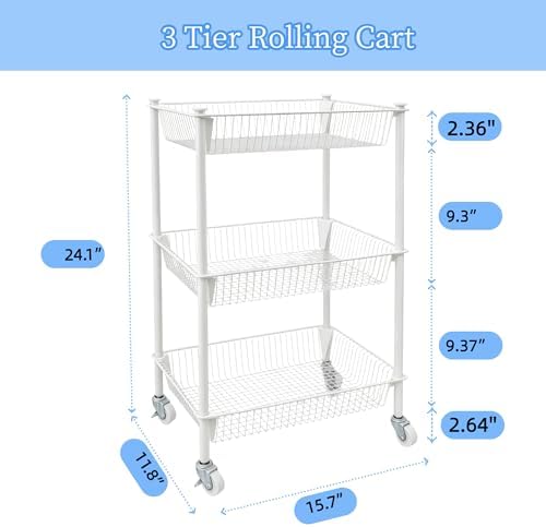 Kitchen Storage Cart for Fruit Vegetable 3 Tier Utility Cart with Wheels, White Rolling Pantry Floor Organizer Onion Potato Storage, Metal Wire Basket Stand Snack Shelf Home Organization - Image 2