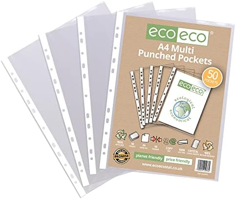 eco-eco A4 100% Recycled Multi Punched Pockets Glass Clear, Transparent Poly Wallet Sheet Protector, 45 Microns (Pack of 50 x2), eco076x2 - Image 3