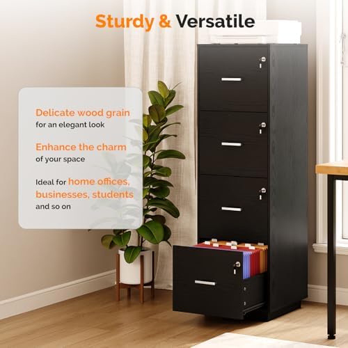 VINGLI 4 Drawer File Cabinet with Lock, Home Office Filing Organizer, for Letter Size File Folder Storage, Wood Tall Vertical Filing Cabinet, Printer Stand, Archivador (Black) - Image 7