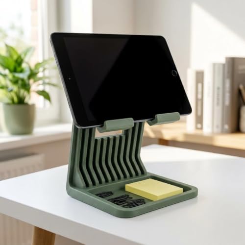 Premium Tablet & Phone Stand with Desk Organizer Tray - Ergonomic Desktop Device Holder for iPad, iPhone, Android - Modern Home Office Accessory & Sticky Note Holder (Green) - Image 2
