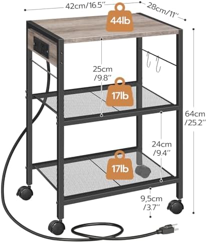 HOOBRO Industrial Printer Stand, 3-Tier Mobile Printer Table, Rolling Cart with Power Outlets and USB Ports, Home Printer Stand with 2 Hooks, for Office, Living Room, Greige and Black BG22UPS01 - Image 3