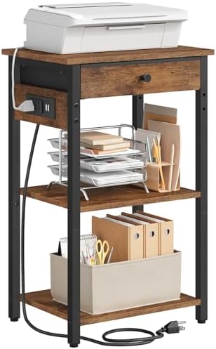 Printer Stand with Power Outlets, 3-Tier Under Desk Printer Table, Brown by Gewudraw