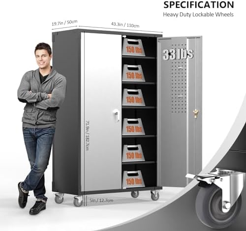 VINGLI Upgraded Wide & Deep Garage Storage Cabinet, Metal Storage Cabinet with Pegboards, Wheels, Locking Doors and Adjustable Shelves (Black & Silver, 43''W x 20''D x 72''H) - Image 4