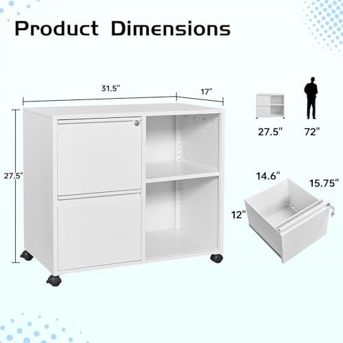 MIIIKO 2 Drawer File Cabinet with Lock, Metal Rolling Printer Stand Filing Cabinets with Drawers for Home Office,A4, Letter Size File Folders(White) - Image 3