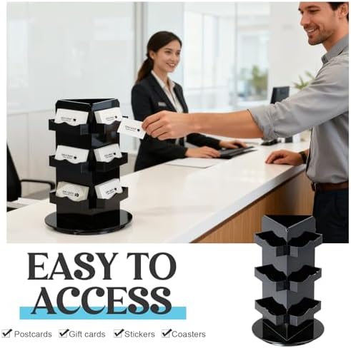 Pinkunn Black Rotating Display Stand, 3 Tier Acrylic Sticker Display Stand, Spinning Business Card Holder, Brochure Appointment Cards Rotating Holder for Office Home Vendors Desk, 5.9 x 9.8 Inch - Image 5