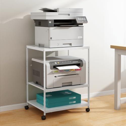 White Printer Stand, 20” Large Printer Table for Home Office, 3 Tier Rolling Printer Cart with Storage, for Shredder Scanner Fax - Image 4