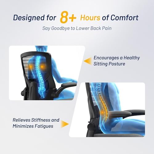 Office Desk Chair for Long Hours & Lower Back Pain Relief – 4“ Thick Molded Foam Cushion, Enhanced Lumbar Support, Padded Flip-up Armrests, Ideal for Office or Study (Dark Gray) - Image 4