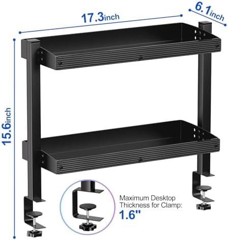 17 inch Adjustable 2-Tier Clamp On Desk Shelf with Hooks - Image 2