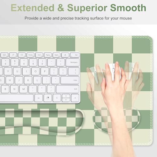 Large Gaming Mouse Pad Set, 4 in1 Ergonomics Keyboard Desk Mat with Memory Foam Wrist Rest, Extended Game Mousepad, Non-Slip Desk Pad Matt Easy Typing Pain Relief I Green Checkered - Image 3