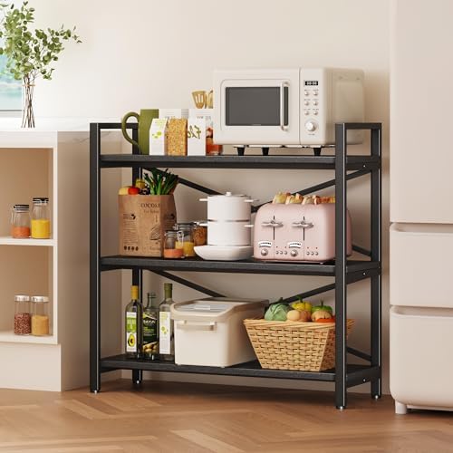 Homeiju 3 Tier Bookshelf 31.49" Width, Wood and Metal Etagere Bookcase, Vintage Farmhouse Modern Wooden Big Book Shelf for Home Living Room Bedroom Office Storage(Black) - Image 5