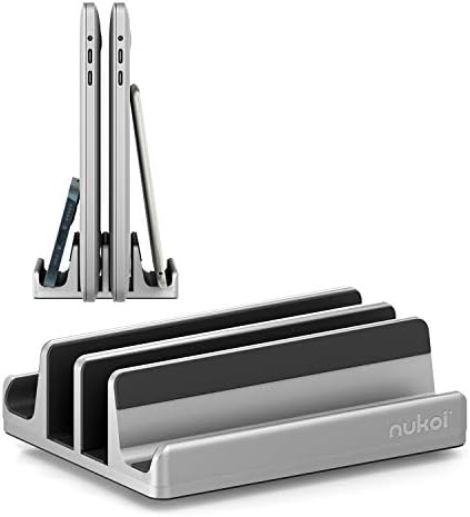 Vertical Laptop Stand - SPACEMax Adjustable GRIPLock Anti-Tip Silicone 4 Slots Aluminum Desktop Holder - Double Dock Stand - 2 Phone Slots Fits Up to 17.3” Laptops, Tablets, Phones - Silver by Nukoi