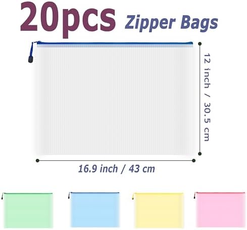 20pcs Mesh Zipper Pouch Bags, Multipurpose Waterproof Organization Storage Bag for Office School Home Travel (A3 Size 16.9''x12'', Multicolored) - Image 2
