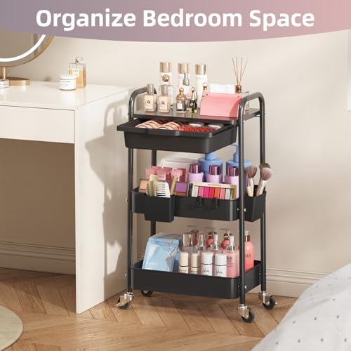 KINGRACK 3 Tier Metal Rolling Cart with Drawer, Black Utility Storage Cart - Image 6