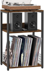 LELELINKY Large Brown Record Player Stand, 3 Tier 18" Wide Big End Table with Vinyl Storage Up to 130 Albums, Industrial Turntable Printer Tables, Modern Side Tables for Living Room, Bedroom, Office by LELELINKY