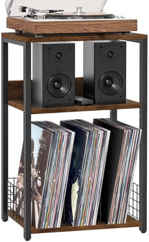LELELINKY Large Brown Record Player Stand, 3 Tier 18" Wide Big End Table with Vinyl Storage Up to 130 Albums, Industrial Turntable Printer Tables, Modern Side Tables for Living Room, Bedroom, Office by LELELINKY