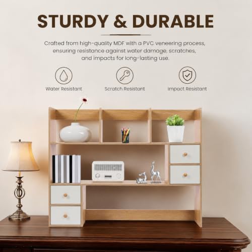 Desktop Bookshelf, Adjustable Desk Hutch Organizer with 8 Shelves & 4 Drawers, Extendable Desk Storage Organizer, Desktop Shelves Rack Top Bookcase for Home Office - Image 5