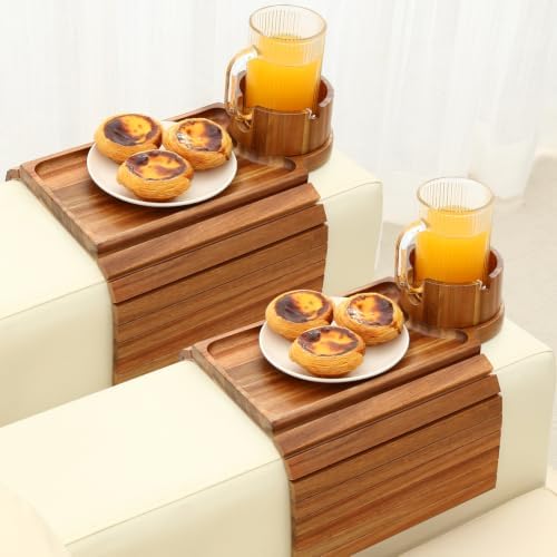 GHKINMAL 2 Packs Sofa Arm Tray with Cup Holder,Fits 6.3"+Arms,Acacia Color by GHKINMAL