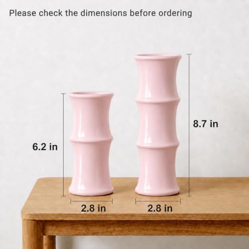 Blush Pink Ceramic Bamboo-Inspired Flower Vase Set of 2, Modern Home Décor - Image 2