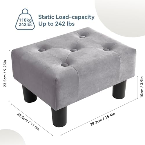 Poofzy Small Foot Stool Ottoman, Velvet Ottoman Foot Rest with Legs, Rectangle Foolstool Ottomans for Couch, Ottoman Foot Stools for Living Room Entryway (Gray), Grey - Image 3