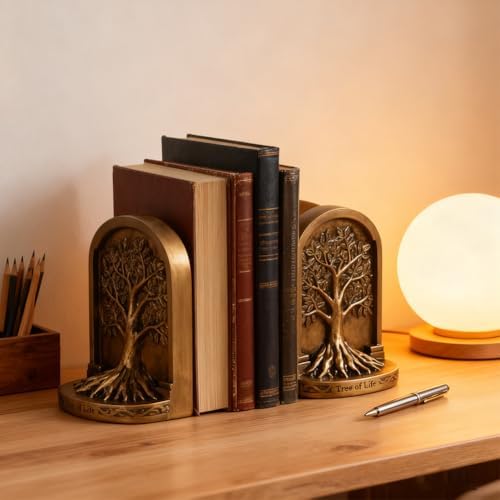 Tree of Life Bookends Set – 6.1" Resin Decorative Bookends, Antique Bronze Finish, Non-Skid Heavy Duty Support for Books, Bookshelf Decor, Office, Library, Housewarming Gift - Image 3