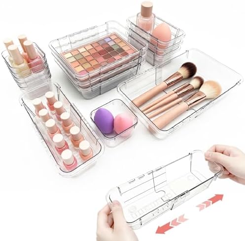 14 PCS Clear Expandable Drawer Organizer Trays for Bathroom & Vanity Drawer by ShinyDew