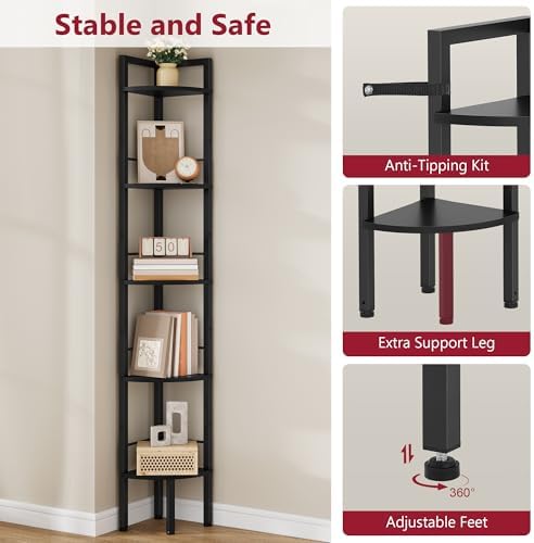 Tajsoon Small Corner Shelf Stand 5 Tier 60.5" with Metal Frame, Black - Image 5