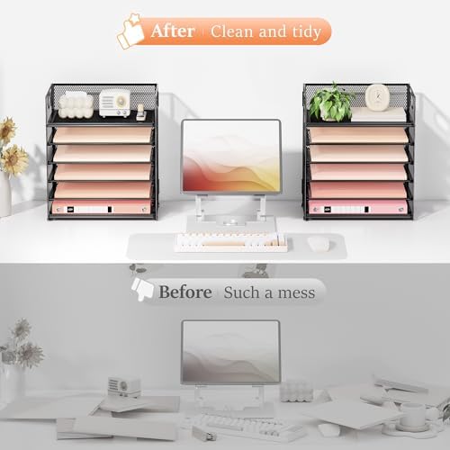 Subekyu 2-Pack 6-Tier Paper Tray Organizer for Desk - Black Mesh File Folder Sorter with Handles, Desk Letter Holder for Office, Home, School Supplies Storage & Organization - Image 2