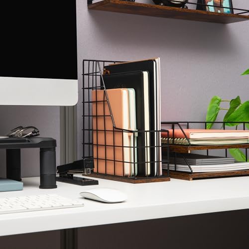Mind Reader Vertical File Organizer with Wood Base and Black Metal Frame, Desktop Magazine Holder, Modern File Rack, Metal and Wood, Black - Image 4